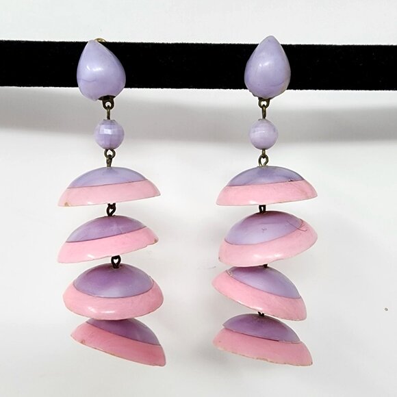 Vintage Pink Purple Retro Clip-On Dangle Earrings - Picture 1 of 6